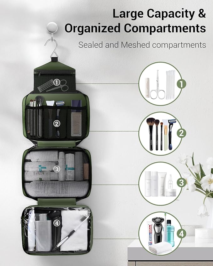 Maliton Toiletry Bag for Men & Women Large Toiletry Bags for Traveling Hanging Toiletry Bag Hygiene Bag with 4 Compartments Waterproof Bathroom Shower Bag(Olive Green)