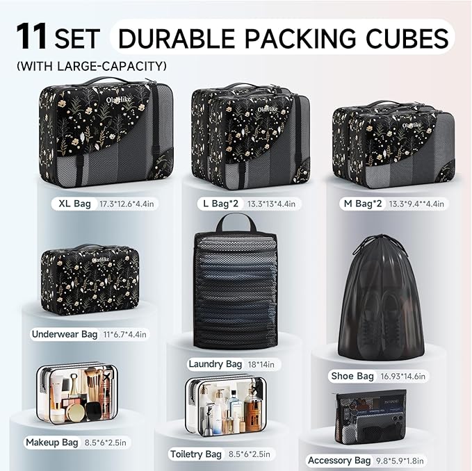 11 Set Packing Cubes for Travel, Gifts for Women Mom Kids, TSA Approved Bags for Makeup, Cosmetic, Toiletry, Suitcase Organizers for Checked Luggage,Cruise Essentials,Airplane Accessories,Black Floral