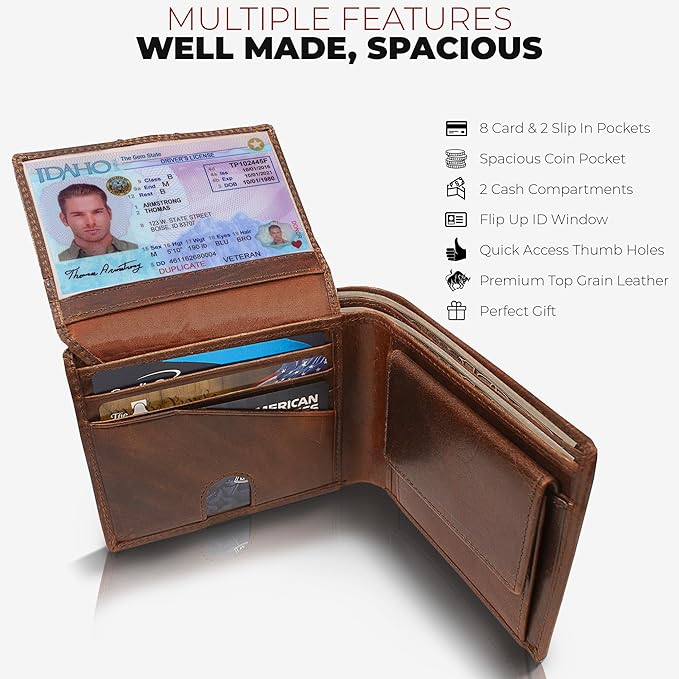 Mens RFID Blocking Bifold Wallet Supple Top Grain Leather Secure and Durable Extra Capacity Billfold with 11 Credit Cards Slots, Flip Up ID, Tight Stitching, Quick Thumb Push Access in Grizzly Brown