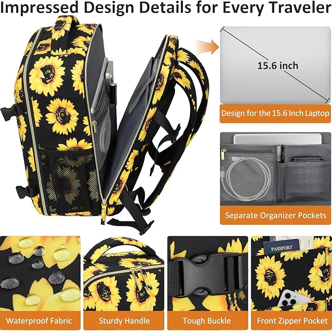 Carry on Backpack for Women TSA Approved 15.6 Inch Travel Laptop Backpack for Women Travel Essentials Foldable Womens Travel Backpack Suitcase Sunflower Floral