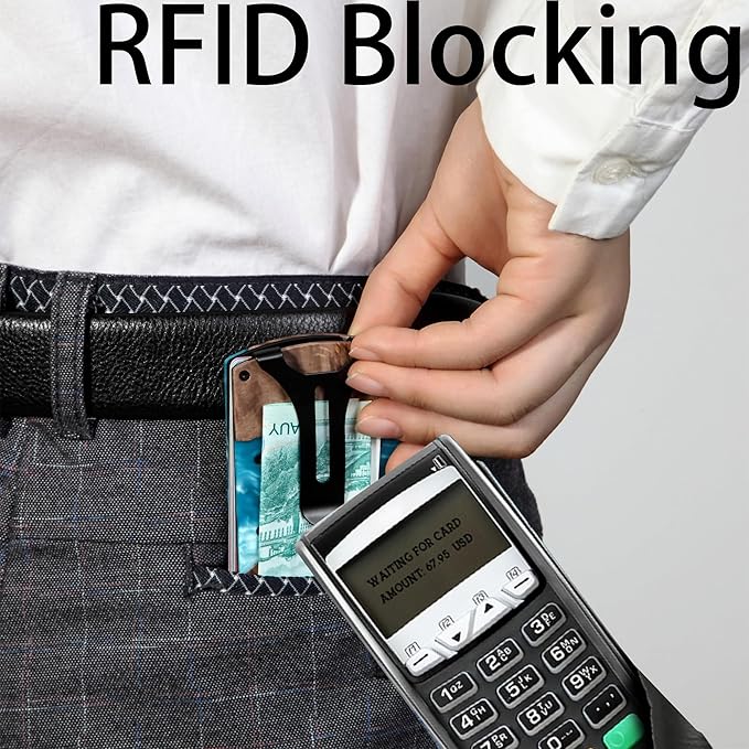 Carbon Fiber Minimalist Wallet for Men Credit Card Holder Money Clip & Cash Strap Slim RFID Mens Wallets,Resin Natural Walnut Wood,Unique Pattern,Light Blue