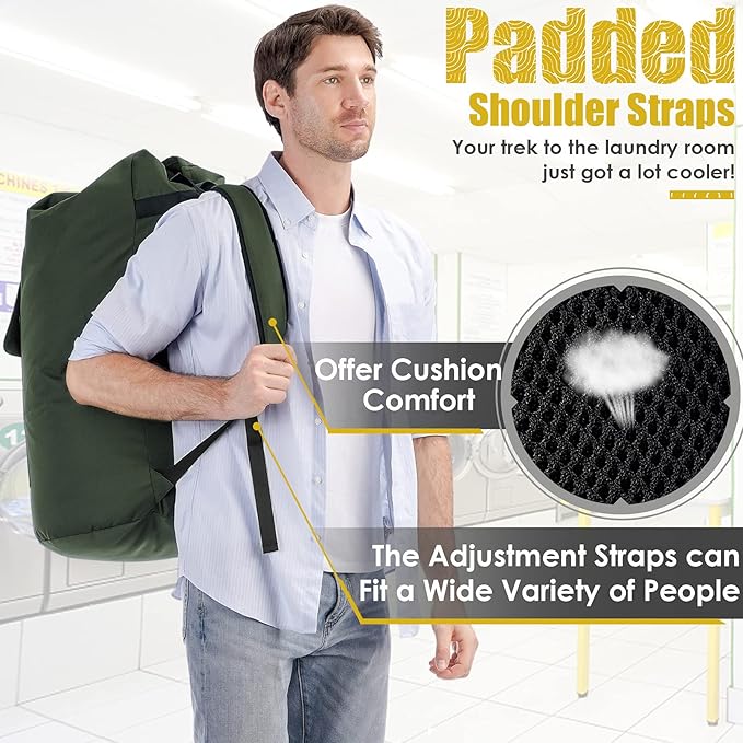 Backpack Laundry Bag, 115L Heavy Duty Extra Large College Laundry Backpack, Dirty Clothes Bag with Shoulder Straps, Laundry Hamper Bag with Drawstring Closure for College Dorm, Apartment Army Green