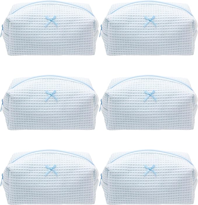 PAZIMIIK 6PCS Cozy Makeup Bag Travel Cosmetic Bag for Women Soft Toiletry Bag Aesthetic Makeup Organizer Portable Large Zipper Pouch for Skincare Beauty Accessories Brushes Waffle Check Blue