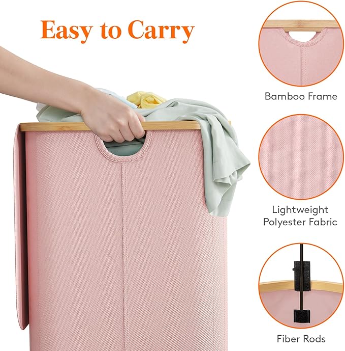 Lifewit 150L Laundry Basket with Lid, Clothes Hampers for Laundry with Bamboo Handles and 2 Removable Bag, Large Foldable Laundry Hamper for Bedroom, Bathroom, Dorm, Laundry Room, Pink
