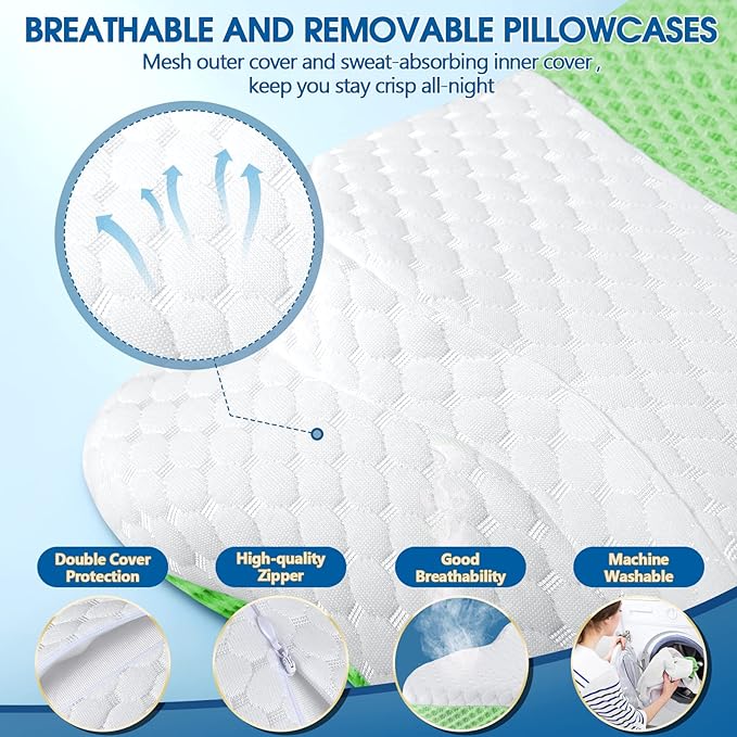 Memory Foam Pillows, Cervical Pillow for Neck and Shoulder Pain Relief, Ergonomic Contour Bed Pillow, Soft for Side Sleep Stomach Sleeping and Back Sleeper-Queen Size&Green