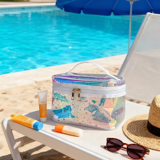 Waterproof Blue Star Print PVC Makeup Bag with Handle - 8.66 * 5.51 * 5.51 inch Travel Cosmetic Organizer for Women Men Toiletry Pouch (Blue Star-L)