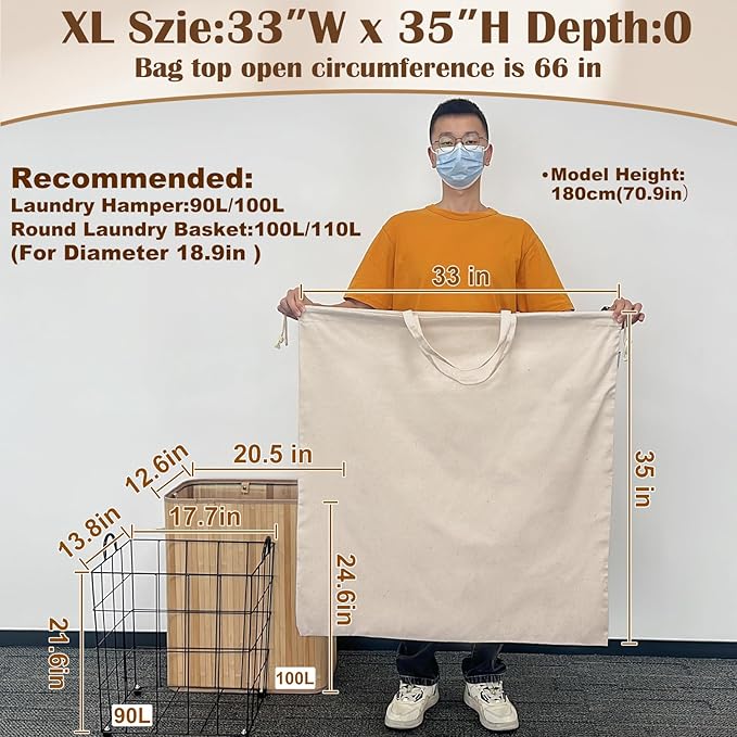 Cotton Canvas Laundry Bag 33"Wx 35"H, Thick Cotton Laundry Bag with Handles & Drawstring, Extra Large Heavy Duty Washable Basket Liner Hamper Liner Storage Sack (Natural XL, 1 Pack)