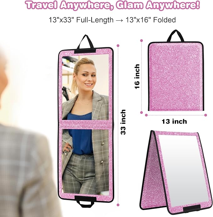 LPHUMEX Glitter Purple Folding Full Length Mirror, 13x33 inch Foldable Travel Body Mirror for Dance, Festivals, Fair Booth