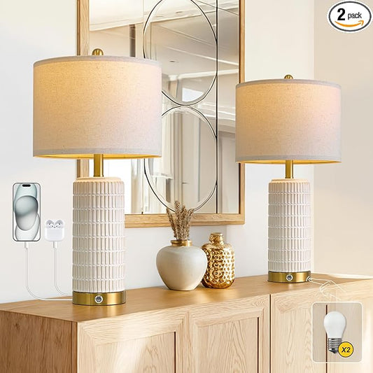 PoKat Touch Bedside Table Lamps with 2 USB for Bedroom Living Room, 25'' | Nightstand lamps Set of 2, 3 way dimmable with 2 bulbs, durable white ceramic, farmhouse & modern style for side table