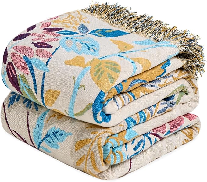 MSGKV Boho Throw Blanket for Bed Cotton 60"x80" Floral Blanket Twin Size Couch All Seasons Muslin Spring Breathable Lightweight Farmhouse Blankets