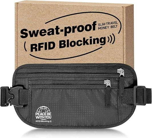 Hidden Money Belt for Travel, RFID Blocking, Sweat-Proof, Heavy-Duty Buckle, 3rd Gen Waist Wallet Anti Theft to Protect Cash, Credit Cards and Documents Under-Clothes for Men & Women, Black