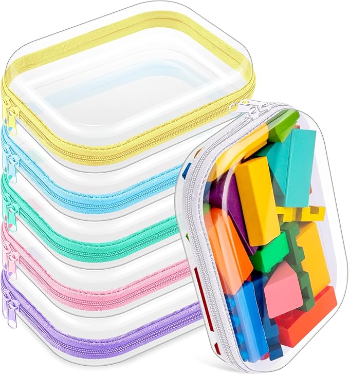 Sanwuta 6 Pcs Clear Hard Zipper Case Plastic Zipper Pouches Transparent Makeup Bag Pencil Case Pouches Toiletry Diaper Bag for Travel Toy Storage Organizer Bins(Assorted Color,7.87 x 5.9 x 2 Inch)