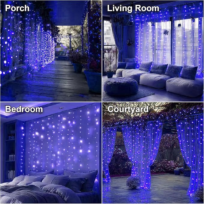 HXWEIYE 300LED Fairy Curtain Lights, 9.8x9.8Ft USB, Remote, 8 Modes & Timer | Dimmable, Christmas String Hanging Lights for Bedroom, Wedding Backdrop and Indoor Wall Decor, Blue