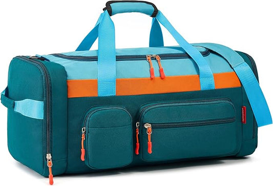 WOOMADA Kids Duffle Bag for Boys or Girls,Weekender Overnight Bag with Shoe Compartment & Wet Pocket Perfect For School, Sports, Overnight Trips(Teal Blue)