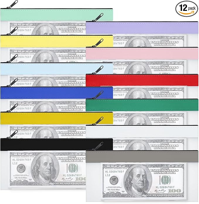 12 Pieces Money Bags with Zipper, Cash Envelopes 7.8×3.9 Inch, Money Pouch Clear Bank Deposit Bag for Multi-Purpose Check Wallet Collectors (Multicolor)