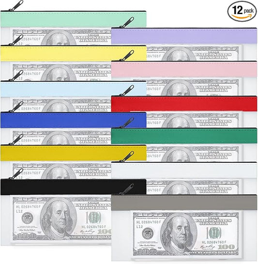 12 Pieces Money Bags with Zipper, Cash Envelopes 7.8×3.9 Inch, Money Pouch Clear Bank Deposit Bag for Multi-Purpose Check Wallet Collectors (Multicolor)