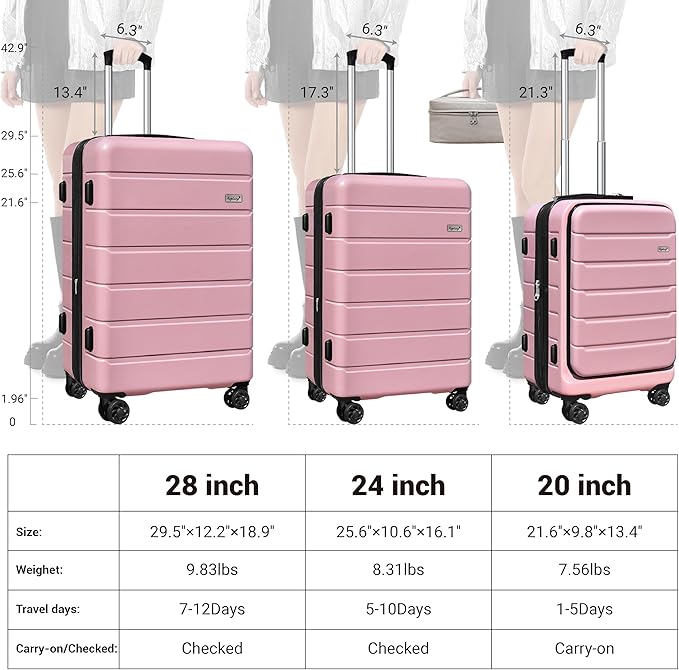 SmileLine 3-Piece Luggage Set Lightweight Hardside Suitcase TSA Lock Spinner Wheels, 20" Expandable Carry-On Luggage with Quick Access Front Open Pocket, Bonus Makeup Bag, Pink