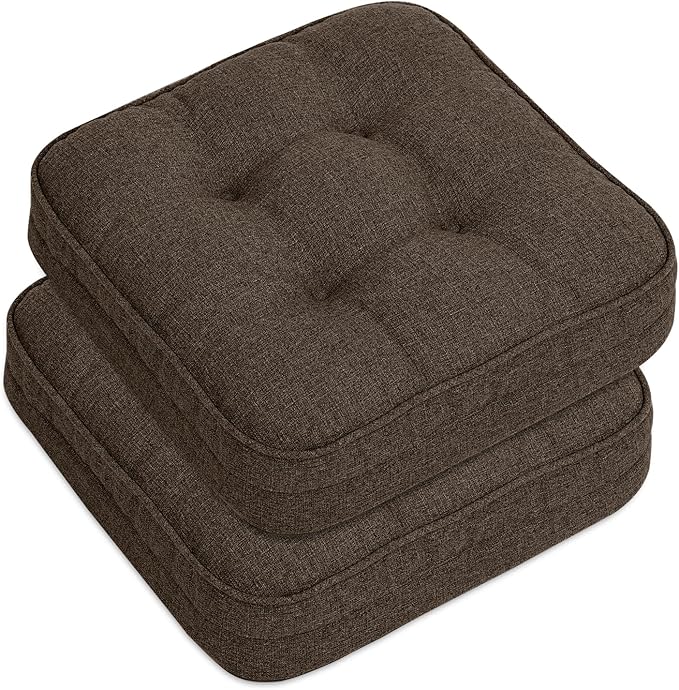 GOFORIT Chair Cushions Set of 2,Tufted Shredded Memory Foam Chair Pads, Non-Slip Seat Cushions with Removable Cover, 16'' x 16'', 2 Pack,Brown