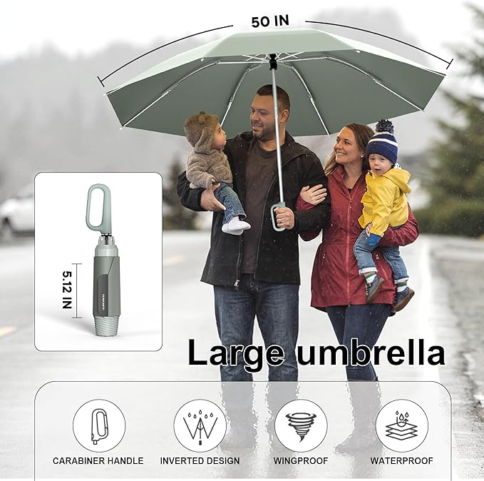 QWB TUMAAOTU Inverted Umbrella with Carabiner Handle, Compact Wind Proof Umbrellas For Rain and Sun Protection, Portable Reverse Folding Umbrella, Car Umbrella for Women Men, 10 Ribs