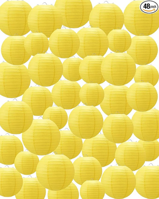 Treela 48 Pcs Paper Lanterns Party Decorations Round,Yellow | Chinese Hanging Lamps, Wedding, Party Supplies, Birthday Bridal, 4/6/8/10 Inch, Easy Setup, Asian Decor, Festive Atmosphere