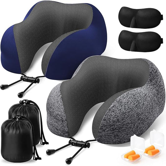 Travel Pillow, 2 Pack Travel Pillows for Sleeping Airplane, Neck Pillow Airplane, Memory Foam Neck Pillow Set with Eye Mask, Earplugs and Storage Bag -Grey & Blue