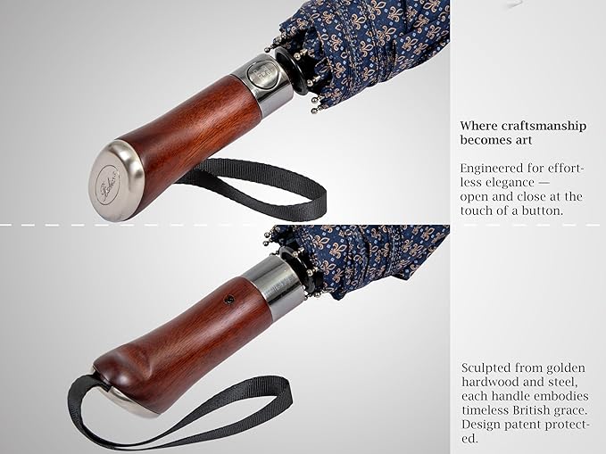 Balios (Designed in UK) Travel Umbrella Luxurious Golden Hardwood Handle Auto Open & Close Windproof Frame Single Canopy Automatic Folding Umbrella Men's & Ladies