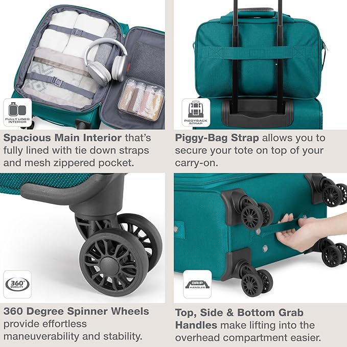 U.S. Traveler Rio Lightweight Softside Rolling Carry-on Suitcase, 4-Wheel Single, Teal