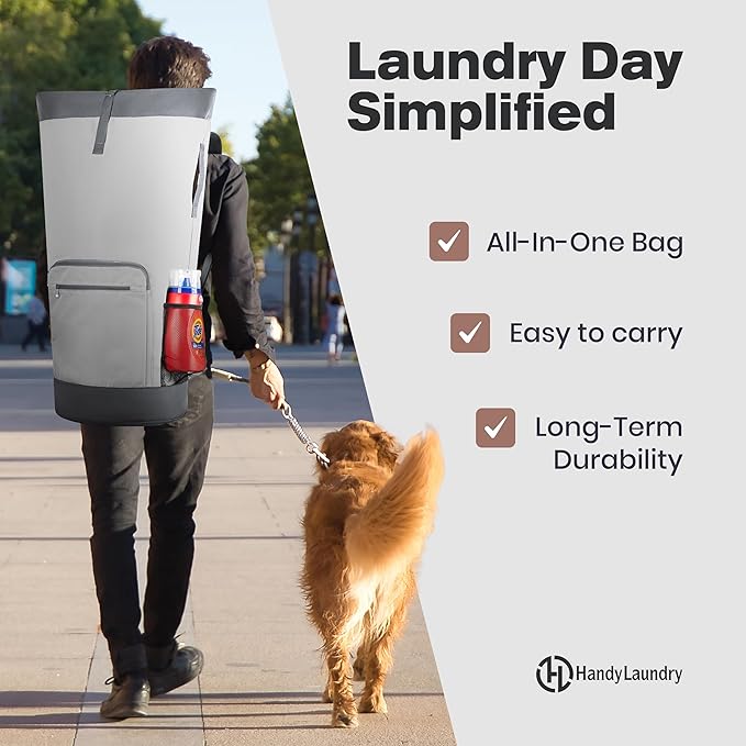 Laundry Backpack - XL Heavy Duty Laundry Bag Holds 3-4 Loads - Adjustable Straps, Drawstring Closure, Pockets & Handles - Durable Hamper for College, Travel & Laundromat - Grey