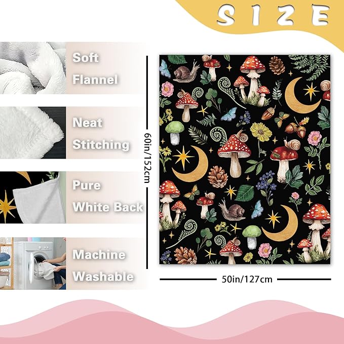 Mystical Forest Mushroom Flannel Throw Blanket, Fairy Tale Cottagecore Moon Star Birthday Gifts for Men Women Adults Teen Kids, Witchy Boho Botanical Soft Blankets for Bedding Sofa 50" x 60"