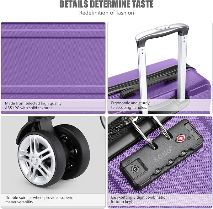 Kono Carry On Luggage Set Airline Approved Lightweight PC+ABS Carry On Suitcase with TSA Lock Spinner Wheels Durable Luggage Hardside Purple