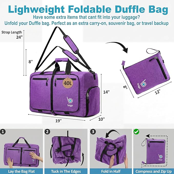 Bago Compact Duffle Bag for Travel Women & Men. Durable Lightweight Foldable Travel Duffel Bags For Traveling Women. 40L Duffle Bags a Reliable Weekender duffel or Overnight Bag With Shoe Compartment
