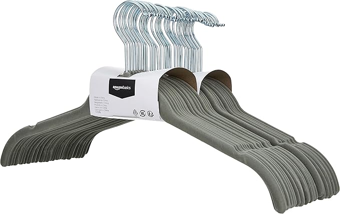 Amazon Basics Slim, Velvet, Non-Slip Shirt Clothes Hangers, Gray/Silver - Pack of 30