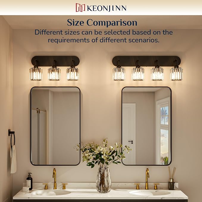 Keonjinn 2-Light Bathroom Light Fixtures Over Mirror, Crystal Black | Bathroom Vanity Lighting Fixture with Crystal Square Shades, Dimmable, Compatible with E26 Base LED Bulbs (Exclude Bulb)