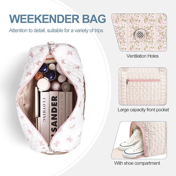 Gym Bag for Women, Cute Duffle Bag, Quilted Duffle Bag for Travel, Floral Duffle Bags, Weekend Bag with Zipper Pocket Dance Bag Organizer