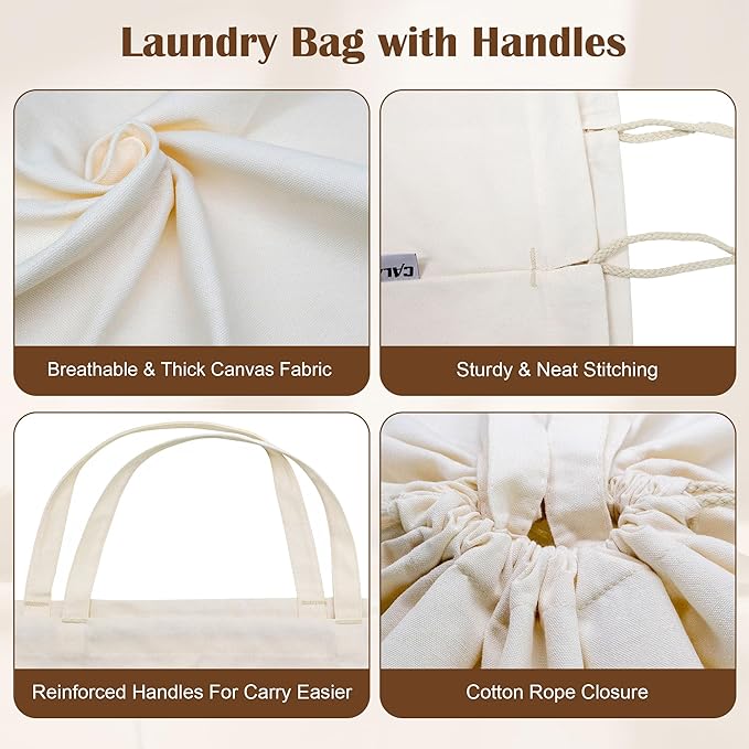 Canvas Laundry Bag with Handles & Drawstring Closure 27.5”Wx35"H, Thick Laundry Bag Large Heavy Duty Washable Dirty Clothes Travel Sack for Camp, College Dorm, Laundromat (Beige L, 2 Pack)
