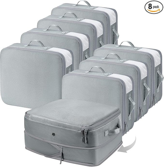 DIMJ Compression Storage Bags 8 Pack, 19L Clothes Storage Organizer for Blanket, Sweater, Closet, Sheet Storage Organizer Compression Packing Cubes for Sheet Bedding Toys Storage with Zipper(Gray)