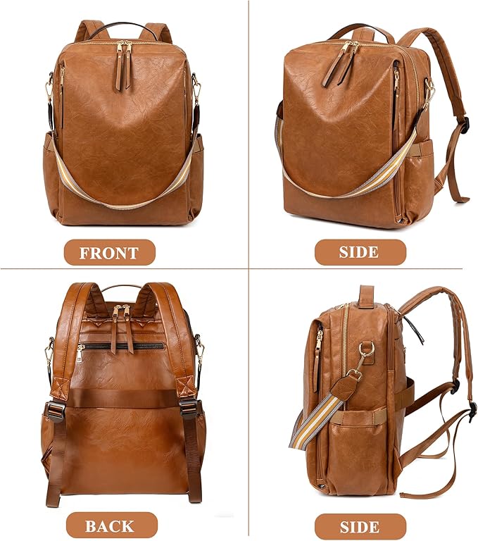myfriday PU Leather Large Backpack Purse for Women Casual Travel Backpack Convertible Satchel Handbags With Luggage Strap (Brown)