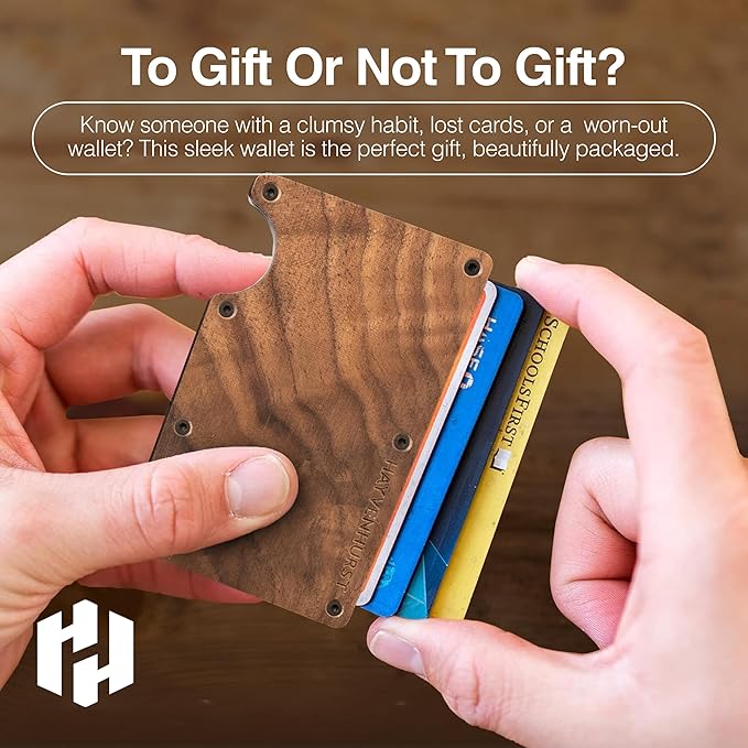 Hayvenhurst Wallet For Men - Reinvented Design Men's Wallet - Slim, Minimalistic & Seamless, Blocks RFID Scanners with a Cash Strap (Walnut Wood)