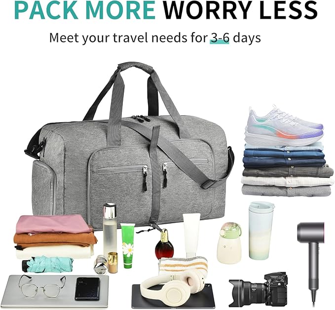 Dimayar 85L Travel Duffle Bag for Men Women - Foldable Duffel Bag with Shoes Compartment - Overnight Bags Waterproof & Tear Resistant(Gray)