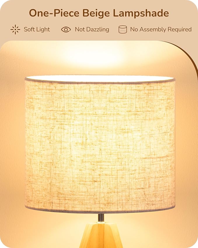 EDISHINE Small Table Lamp, Boho Bedside Lamp, Linen Fabric Shade, 14.2 Inch | ON/Off Switch, Wood Tripod Base, E26 Socket, Boho Nightstand Lamp for Living Room, End Table, Office