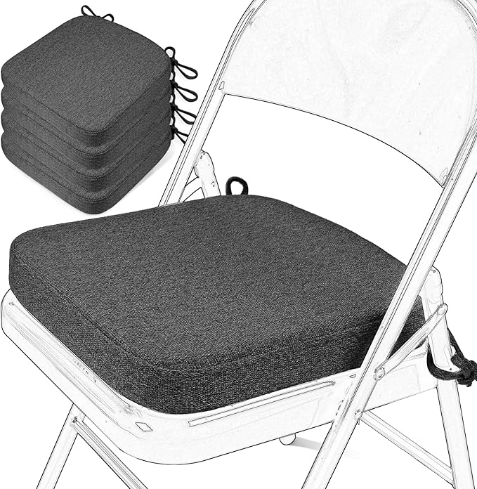 SINOSSO Memory Foam Chair Cushions for Folding Chairs 4 Pack, Thickened 2" Square Pads with Ties for Kitchen Chairs, Indoor Non-Slip Dining Chair Seat Cushions (4 Pcs, Dark Gray)