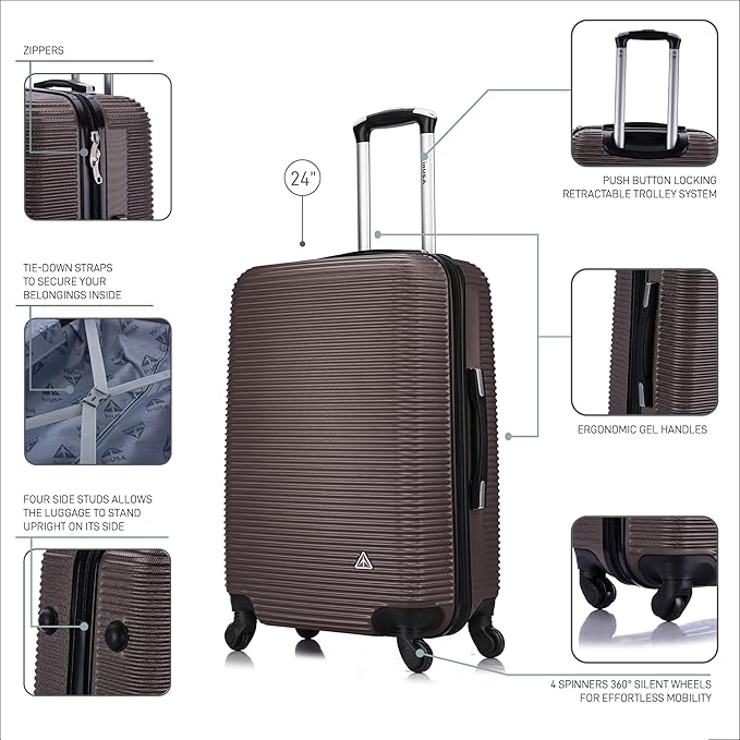 InUSA ROYAL Hardside Spinner Luggage with Ergonomic Handles | Spacious Travel Suitcase with Four Spinner Wheels and Studs | 24 Inch Medium Hardside Spinner Luggage | Brown