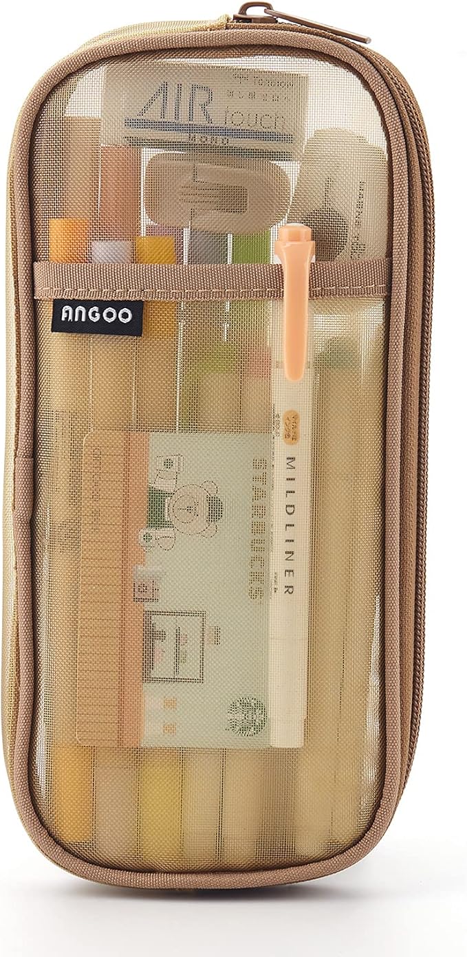 EASTHILL Grid Mesh Pen Pencil Case with Zipper Clear Makeup Color Pouch Cosmetics Bag Multi-Purpose Travel School Teen Girls Transparent Stationary Bag Office Organizer Box for Adluts(Khaki)