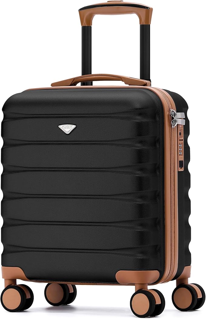 Flight Knight Carry On Suitcase 18x14x8 Hardside Built In TSA Lock USB Port Lightweight Luggage Silent Double Spinner Wheels Maximum Underseat Carry-On Bag For American United Approved Black/Tan