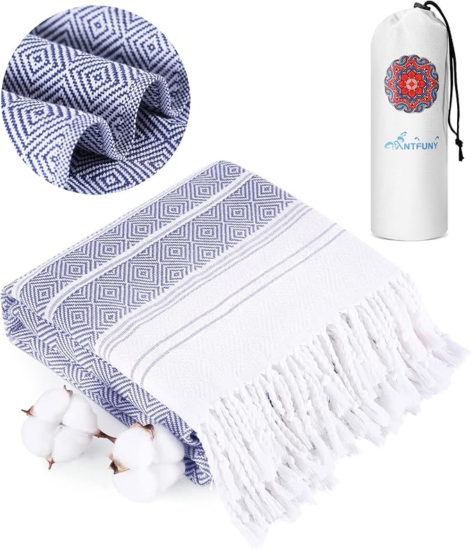 Antfuny Turkish Beach Towels Vacation Essentials Quick Dry Sand Free Soft Extra Large XL Big Blanket Adult Bath Pool Swim Towel Lightweight Thin Sandless Fast Drying No Sand Packable Foldable Blue