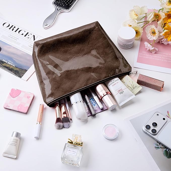 WLLWOO PVC Waterproof Makeup Bag Kraft Paper Cosmetic Bag Travel Toiletry Zipper Pouch Organizer for Women Purse