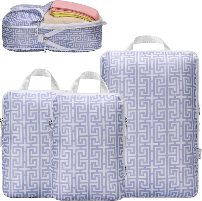 Compression Packing Cubes Organizer Bags for Suitcase & Backpack, Packing Cubes for Travel, Lightweight Luggage Organizers, Travel Cubes for Packing, Vacation Essentials - 3pc Set - Light Blue Boho