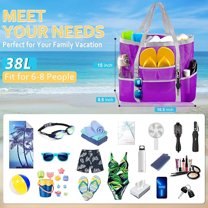 SRISE Mesh Beach Bag - Large Beach Tote Bag for Family Beach Bag for Toys & Vacation Essentials
