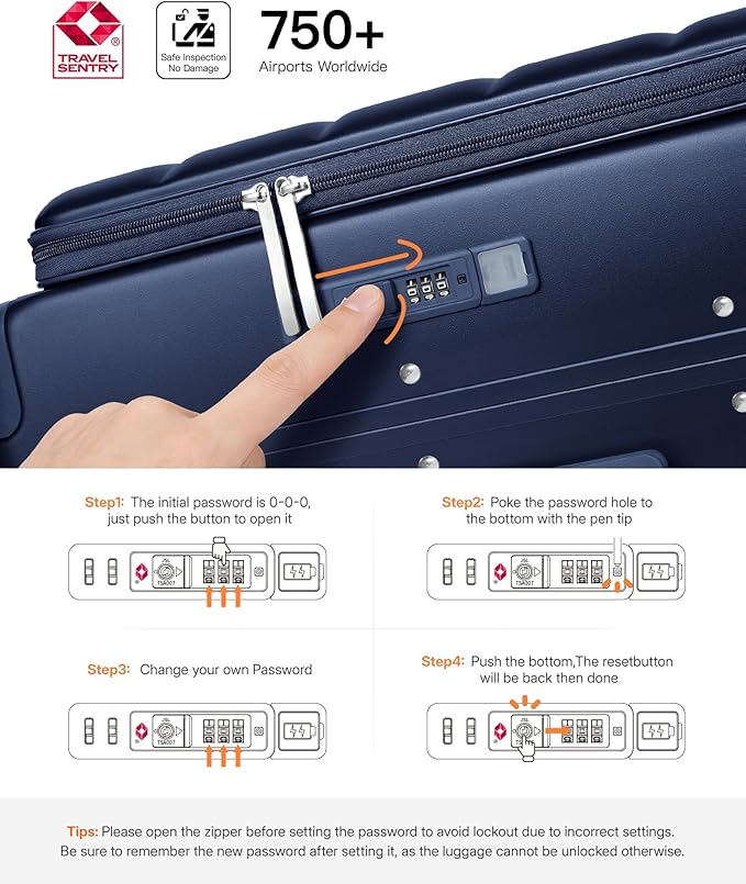 20IN Carry On Luggage,Top Opening Aluminum Frame Hardside 100% PC Airline Approved Suitcase -with TSA Lock,Cup Holder,USB Charge,Side Pothook, 360°Spinner Wheels-Navy Blue