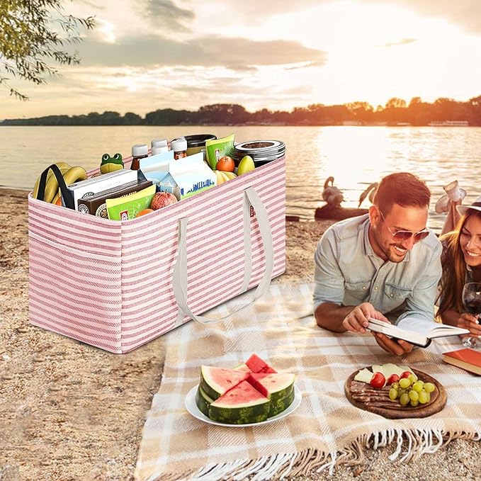LHZK Standing Extra Large Utility Tote Bag with Metal Wire Frame and the Sides Rinforced, Extra Large Tote Bag with Handle, Reusable Grocery Bags Foldable, Beach Bag, Car Tote (Pink, 26''x15''x13'')